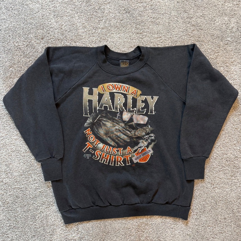 Vintage 1991 3D Emblem Harley Davidson Sweatshirt Black Graphic Biker USA Made M